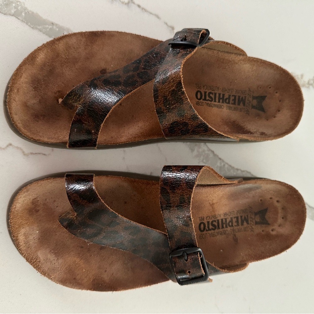 Mephisto Birkenstock Helen Brown Leather Animal Print Sandals
